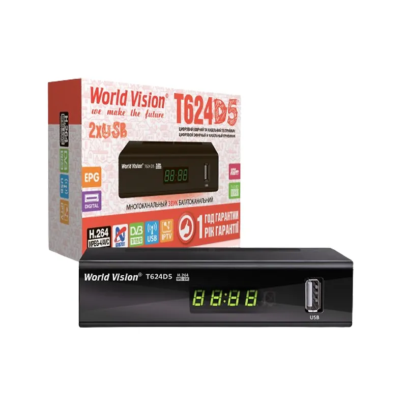 Тюнер DVB-T2  World Vision T624D5 metall (гар.14дн.)(вн.блок жив.5V/1A,пульт;дисплей;IPTV;2xUSB)