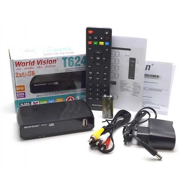 Тюнер DVB-T2  World Vision T624D3 (гар.14дн.)(вн.блок жив.5V/1A,пульт;дисплей;IPTV;2xUSB)