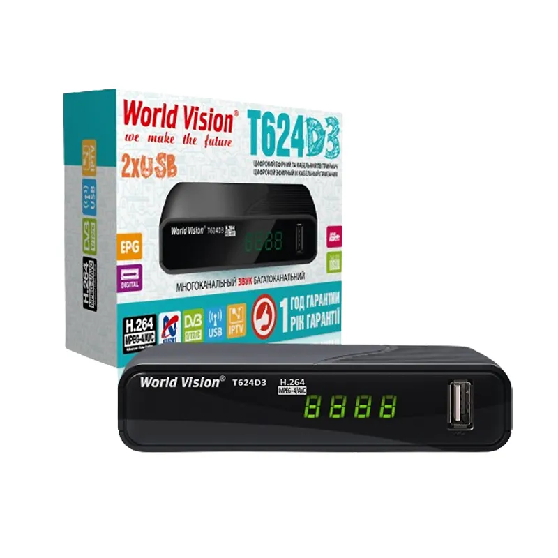 Тюнер DVB-T2  World Vision T624D3 (гар.14дн.)(вн.блок жив.5V/1A,пульт;дисплей;IPTV;2xUSB)