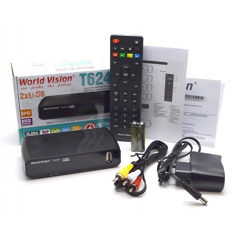 Тюнер DVB-T2  World Vision T624D3 (гар.14дн.)(вн.блок жив.5V/1A,пульт;дисплей;IPTV;2xUSB) large popup