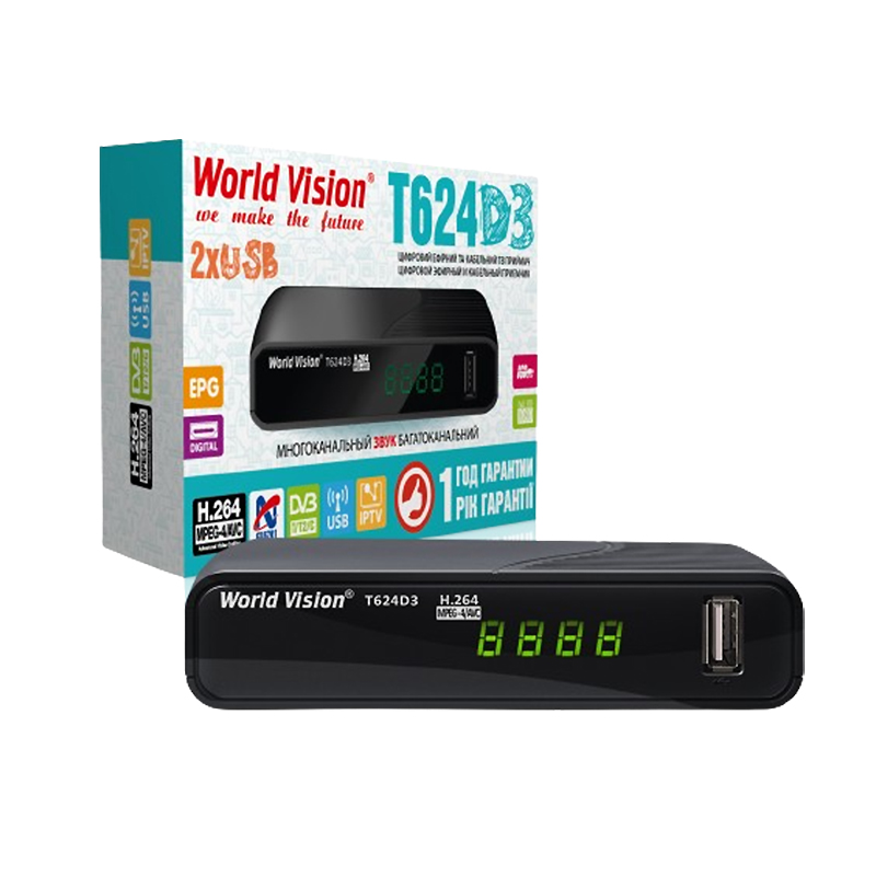 Тюнер DVB-T2  World Vision T624D3 (гар.14дн.)(вн.блок жив.5V/1A,пульт;дисплей;IPTV;2xUSB) large popup