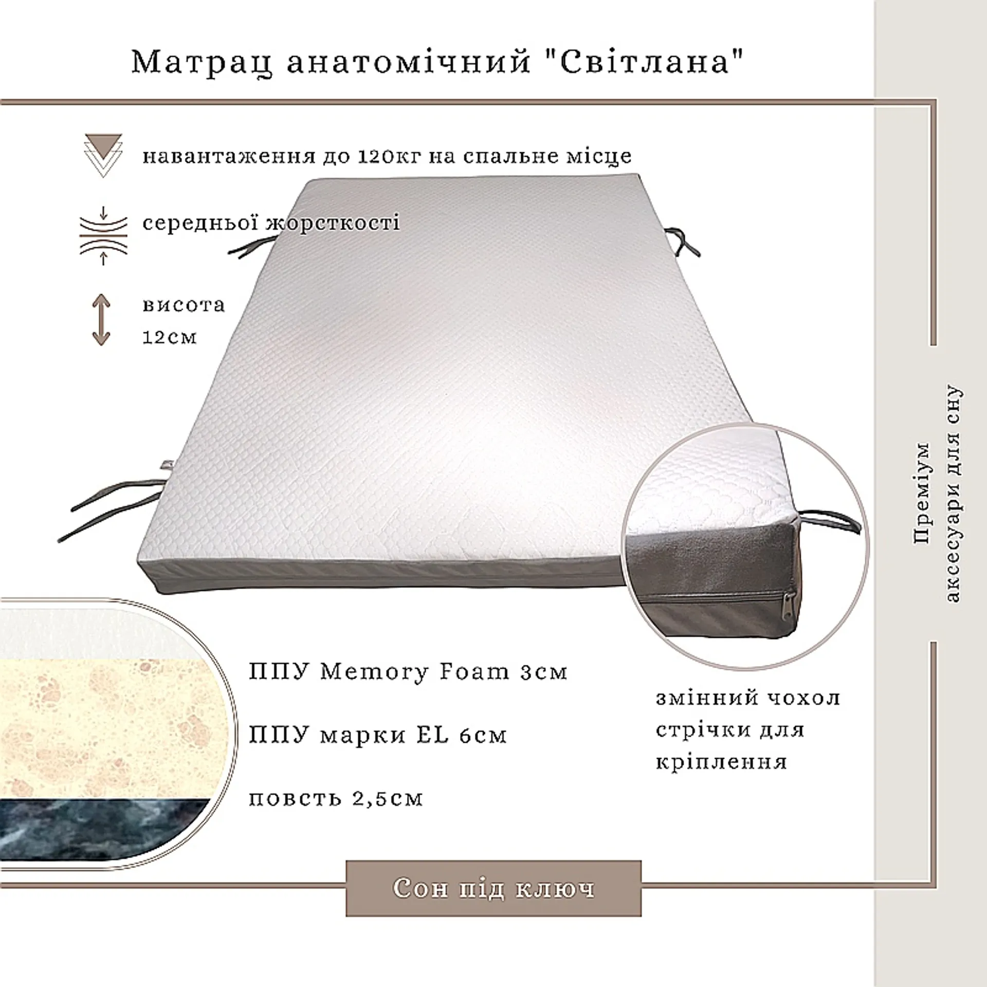 Матрац Світлана анатомічний, ППУ Memory Foam, білий, 150*200*8.5см